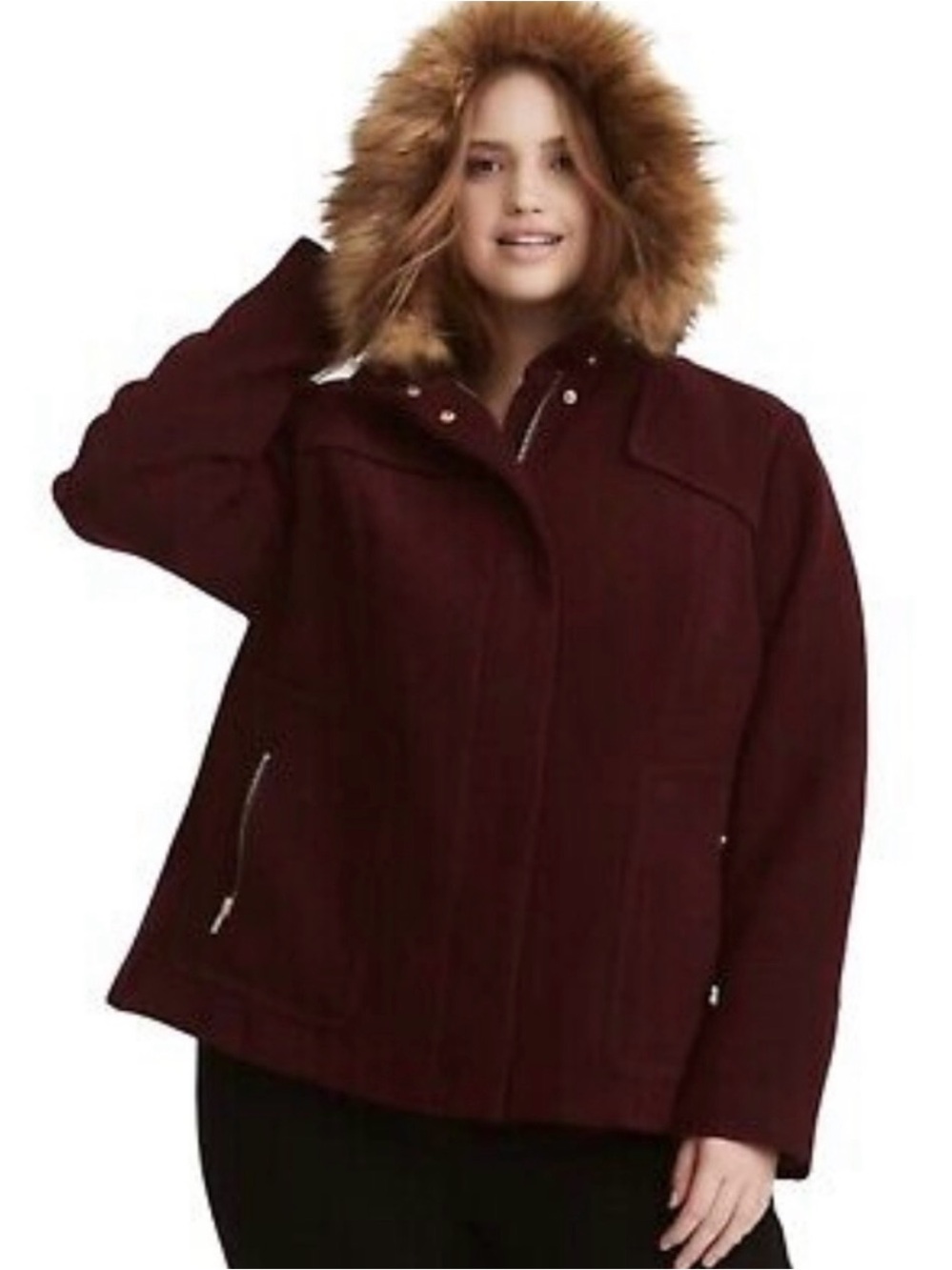 torrid Wine Hooded Wool-Blend Pea Coat with Faux-Fur Trim 1